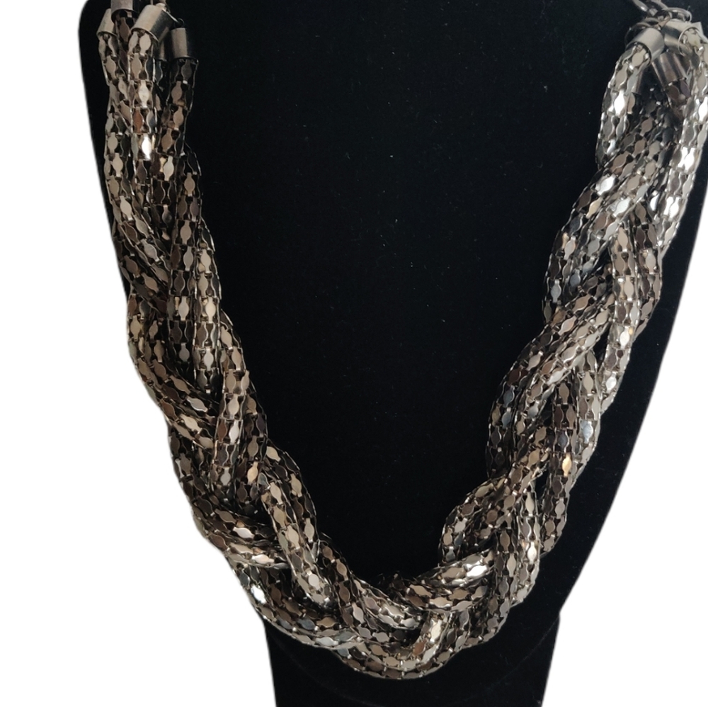 Chunky Silver Tone Braided Mesh Chains Necklace